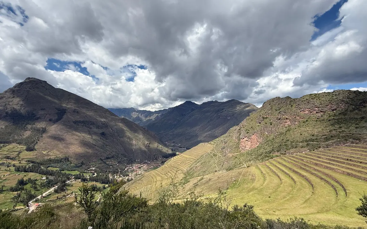Curved green terraces on a hillside above a valley with houses